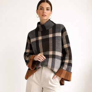 ALPHA STUDIO Oversized Mock Neck Plaid Wool Sweater M